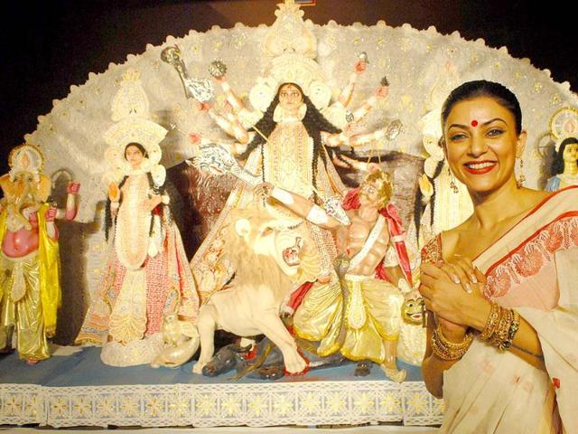 Bollywood actress Sushmita Sen at a Durga Puja pandal in Mumbai.