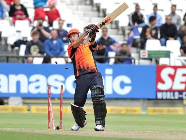 Herschelle Gibbs of the Scorchers plays the ball onto his stumps off the bowling of Morne Morkel of the Daredevils during Match 15 of The Champions League T20 between the Perth Scorchers and Delhi Daredevils at Newlands Cricket Stadium in Cape Town. AFP Photo/STR
