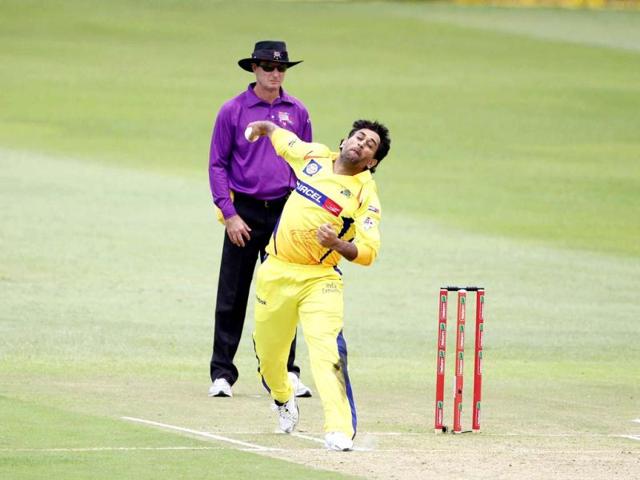 Mahendra Singh Dhoni of the Chennai Super Kings bowls on during a Champions League T20 (CLT20) match against Yorkshire at the Kingsmead stadium in Durban. AFP Photo