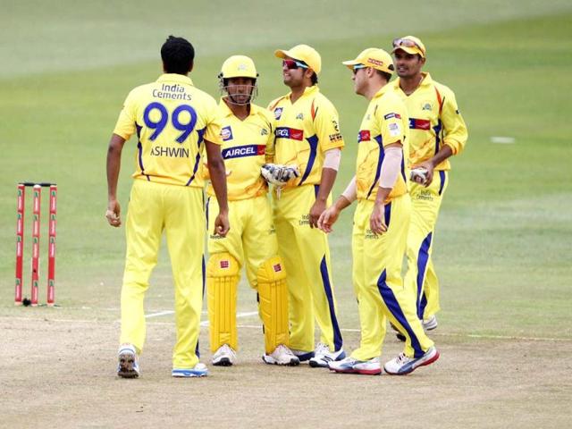Chennai Super Kings players celebrate a wicket during on during a Champions League T20 (CLT20) match against Yorkshire at the Kingsmead stadium in Durban. AFP Photo