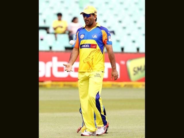 Mahendra Singh Dhoni of the Chennai Super Kings gestures during the CLT20 cricket match between Chennai Super Kings and Yorkshire from Sahara Stadium Kingsmead on in Durban, South Africa. AFP Photo