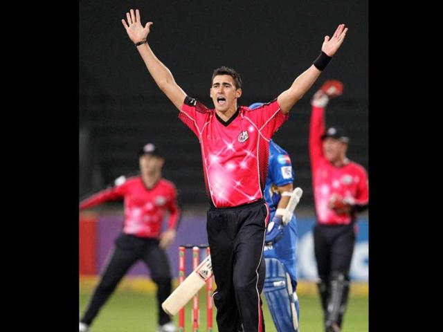 Mitchell Starc of the Sydney Sixers appeals during a Champions League T20 (CLT20) match Sydney Sixers vs Mumbai Indians at Sahara Stadium Kingsmead in Durban. AFP Photo