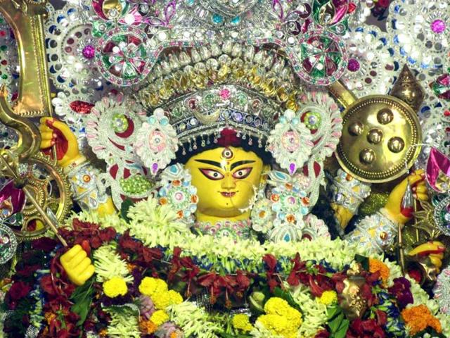 An idol of Goddess Durga in all her grandeur and majesty in one of the pandals on the occasion of Mahanavami in Kolkata. (Agencies)