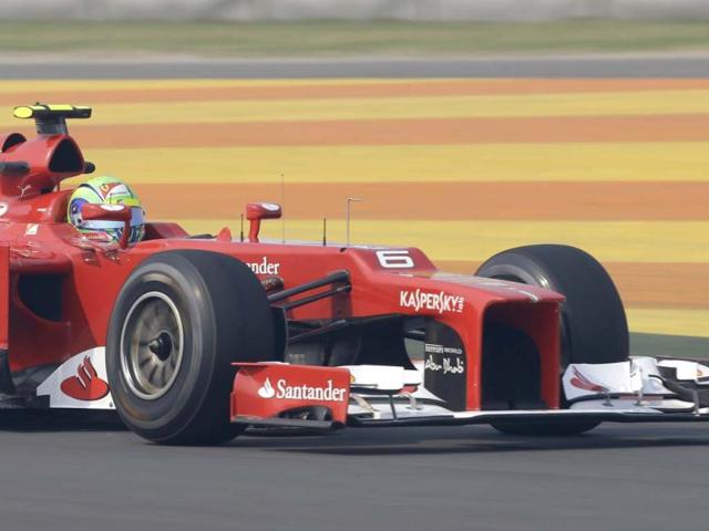 Ferrari driver Felipe Massa steers his car during the first practice session for the Indian Formula One Grand Prix at the Buddh International Circuit in Noida. AP Photo
