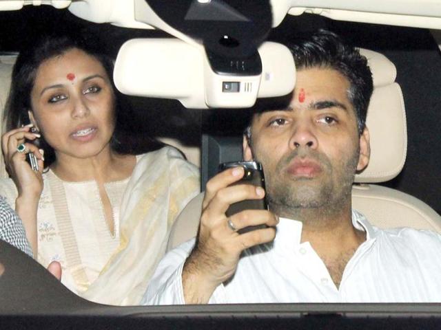 Rani Mukerji and Karan Johar arrive together for Yash Chopra's Chautha ceremony.