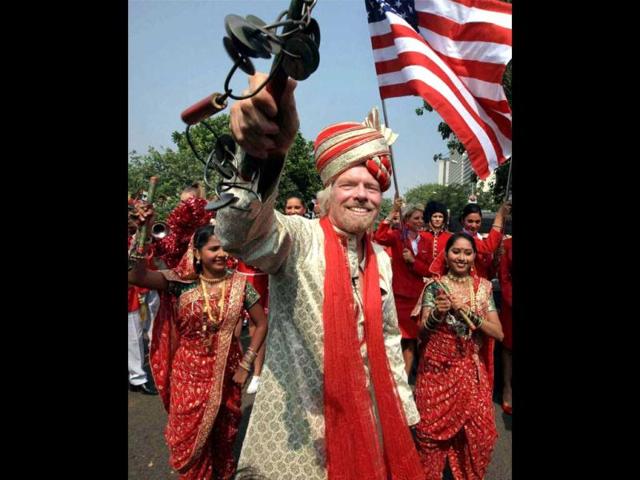 Owner of Virgin Group Richard Branson arrives for the launch of Virgin Atlantic’s service on the Mumbai-London route, in Mumbai. PTI Photo/Shashank Parade