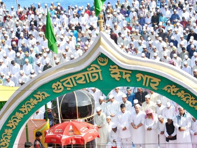 Devotees offer Namaz during Eid al-Adha at Maskshwa Id-Gah Maidan, in Guwahati. Agencies