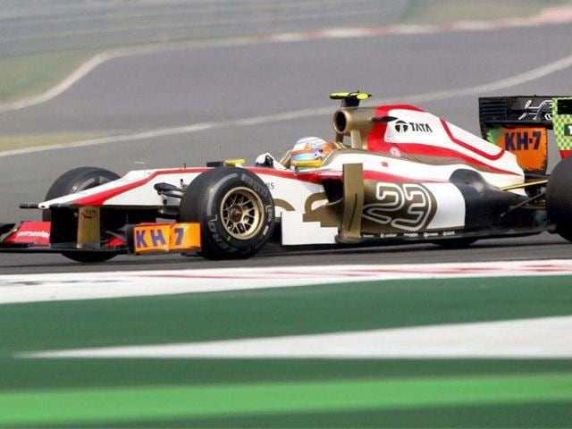 HRT driver Narain Karthikeyan steers his car during the third practice session for the Indian Formula One Grand Prix at the Buddh International Circuit in Greater Noida . PTI photo