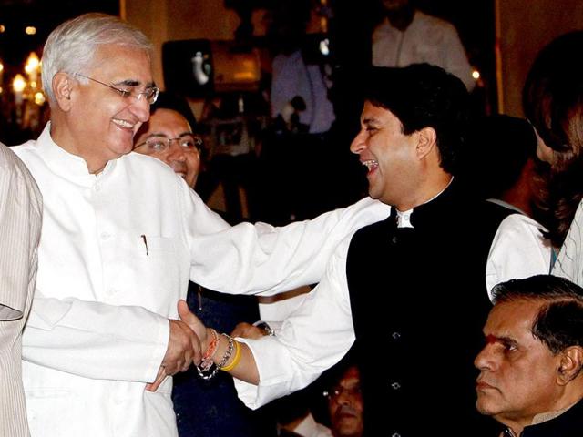 Union ministers Salman Khurshid (L) and Jyotiraditya Scindia during the swearing-in ceremony at Rashtrapati Bhavan, New Delhi. PTI Photo