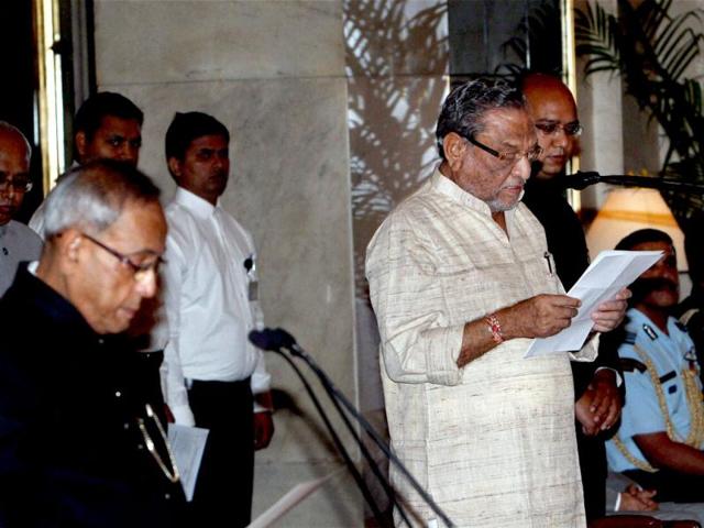 Dinsha Patel is sworn-in as a Union minister by President Pranab Mukherjee during a ceremony at Rashtrapati Bhavan in New Delhi. PTI Photo