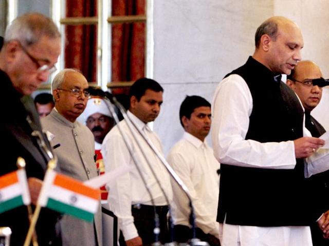 MM Pallamraju being sworn-in as a cabinet minister by President Pranab Mukherjee during a ceremony at Rashtrapati Bhavan in New Delhi. PTI Photo