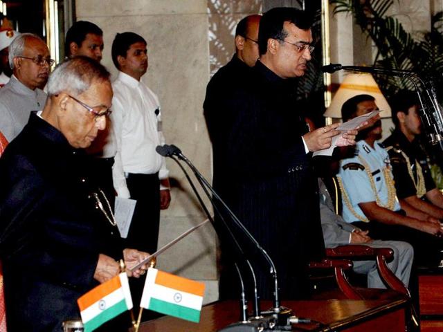 Ajay Maken is sworn-in as a Union minister by President Pranab Mukherjee during a ceremony at Rashtrapati Bhavan in New Delhi. PTI Photo