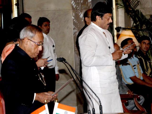 Telugu filmstar Chiranjeevi being sworn-in as a minister of state with independent charge by President Pranab Mukherjee during a ceremony at Rashtrapati Bhavan in New Delhi. PTI Photo