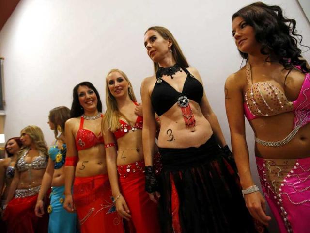 Contestants line up before the Miss Belly-Dance Hungary competition in Budapest. (Reuters)