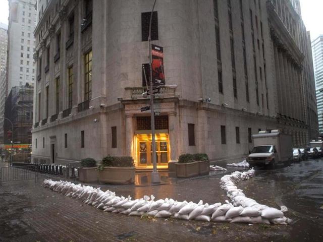 Sandbags block the entrance of the New York Stock Exchange in downtown Manhattan as Hurricane Sandy made its approach in New York. Reuters photo