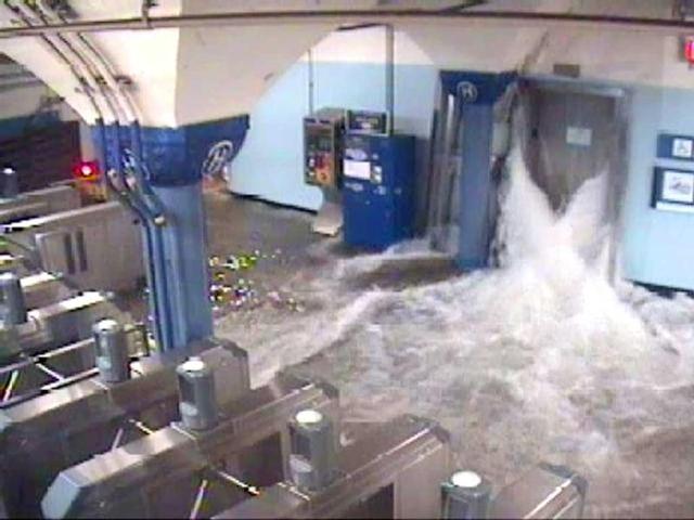 This CCTV photo released by the official Twitter feed of The Port Authority of New York, New Jersey shows flood waters from superstorm Sandy rushing in to the Hoboken PATH station through an elevator shaft in Hoboken, New Jersey. AFP photo