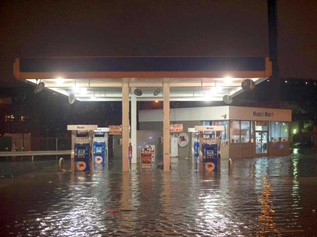 A petrol pump is submerged in flood waters near the Gowanus Canal in the Brooklyn Borough of New York. Reuters photo
