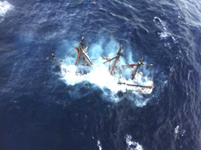 The HMS Bounty, a 180-foot sailboat, is shown submerged in the Atlantic Ocean during superstorm Sandy approximately 90 miles (145 km) southeast of Hatteras, North Carolina in this US. Reuters photo