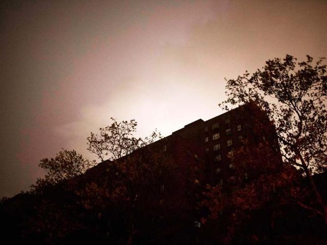 A view of a building in Manhattan's East Village hit by blackouts due to a power outage from rising waters as superstorm Sandy makes its approach in New York. Reuters photo