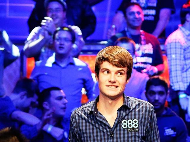 Jake Balsiger watches the flop after an all in-bet during the World Series of Poker Final Table event in Las Vegas. Balsiger won the hand and spiked his double. AP Photo/Julie Jacobson