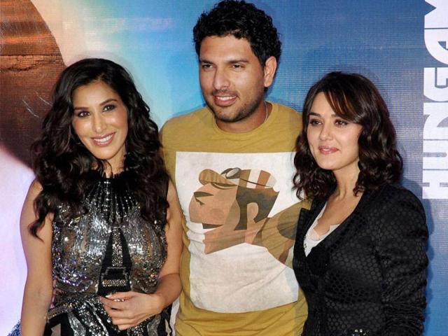 Preity Zinta, cricketer Yuvraj Singh and Sophie Choudry at the launch. (PTI Photo)