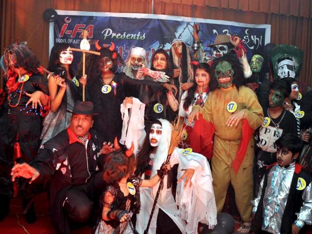 Students of school of art and design participating in Horror Fashion Show on the occasion of World Halloween Day at Ranchi. Agencies