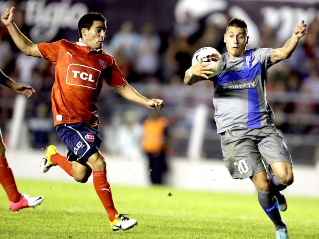 Chile's Universidad Catolica Nicolas Castillo touches the ball with his hand as he fights for the ball with Argentina's Independiente Gabriel Valles during a Copa Sudamericana soccer match in Buenos Aires, Argentina. AP/Victor R Caivano