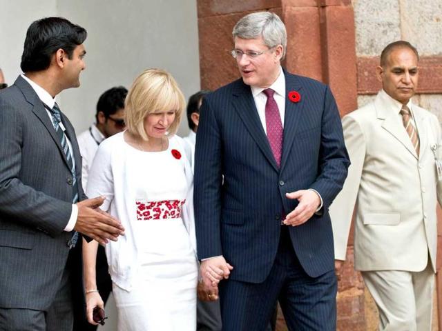 Prime Minister of Canada Stephen Harper and his wife Laureen Harper arrive at Humayun’s Tomb in New Delhi. AFP Photo/Prakash Singh
