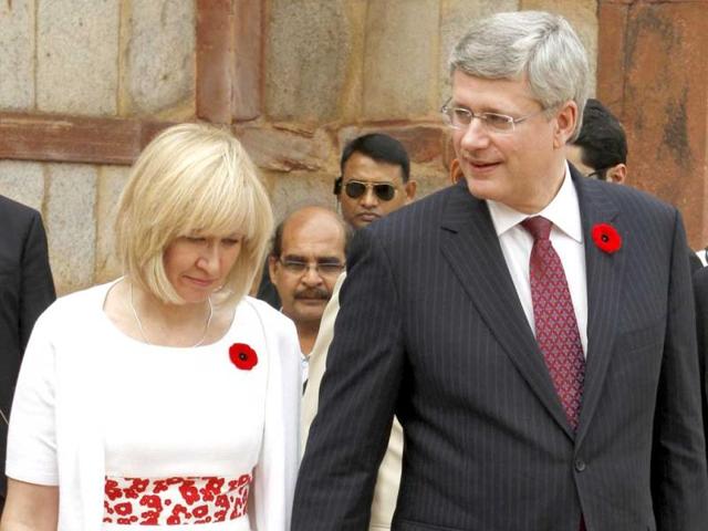 Prime Minister of Canada Stephen Harper and his wife Laureen Harper at Humayun’s Tomb in New Delhi. HT Photo/Virendra Singh Gosain