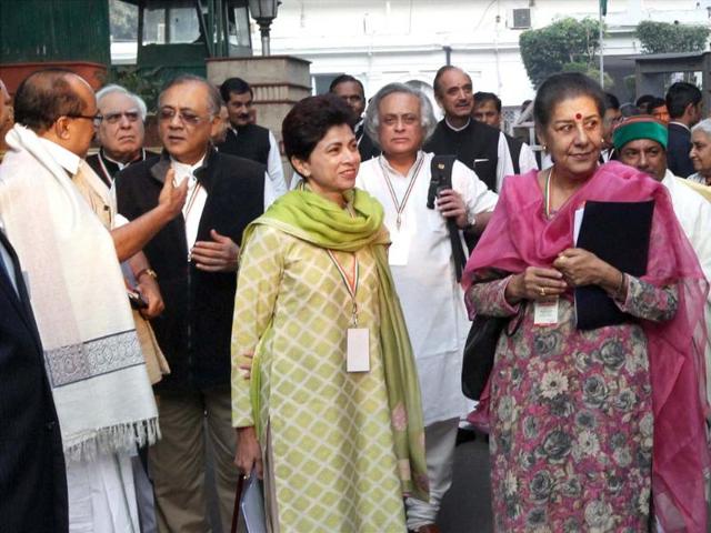 Union ministers and senior Congress leaders at AICC headquarters before leaving for Surajkund to attend the party's 'Samvad Baithak', in New Delhi. PTI Photo by Kamal Singh