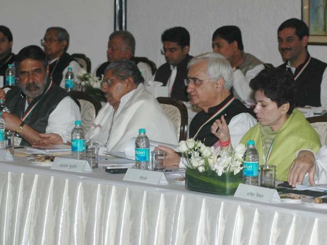 Congress leaders and ministers at 'Sanmvad Baithak' (brainstorming session) of the party at Surajkund on national capital outskirts. Agencies