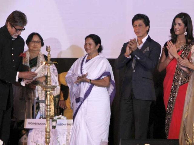 Megastar Amitabh Bachchan, CM Mamata Banerjee and Shahrukh Khan inaugurates the 18th Kolkata International Film Festival at Netaji Indoor Stadium, in Kolkata on November 10.