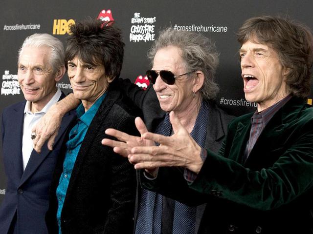 Rolling Stones band members, from left, Charlie Watts, Ronnie Wood, Keith Richards and Mick Jagger attend "The Rolling Stones Crossfire Hurricane" premiere. (AP Photo)