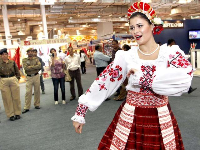 Belarusian artists performing at India International Trade Fair at Pragati Maidan in New Delhi . Hindustan Times