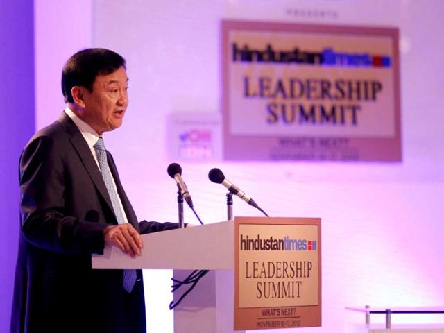 Thaksin Shinawatra, former prime minister of Thailand addresses the audience at the Hindustan Times Leadership Summit in New Delhi. HT Photo/Ajay Aggarwal