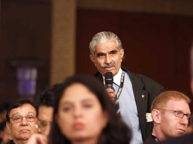 A member of the audience poses a question to a speaker at the Hindustan Times Leadership Summit in New Delhi. HT/Virendra Singh Gosain