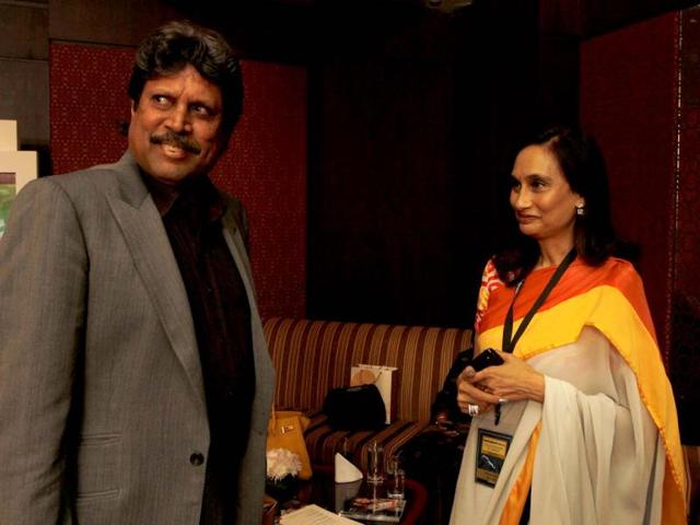 Former cricketer Kapil Dev with Shobhana Bhartia, chairperson and editorial director of the Hindustan Times Group, after the sixth session of Hindustan Times Leadership Summit at Taj Palace in New Delhi. HT/Arijit Sen