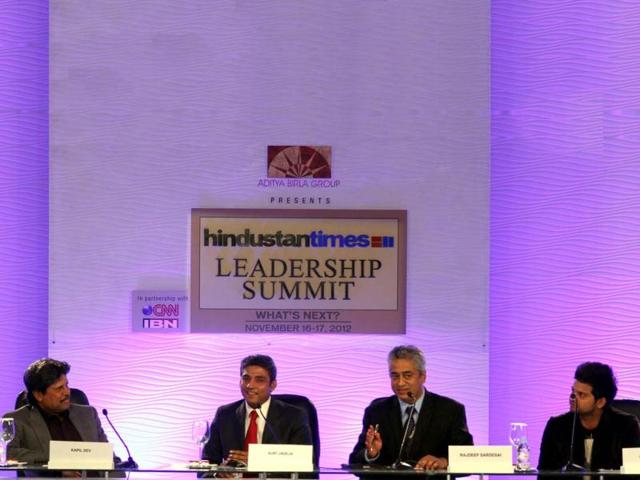(L-R) Former cricketer Kapil Dev with Suresh Raina and Ajay Jadeja before the sixth session of Hindustan Times Leadership Summit at Taj Palace in New Delhi. HT/Mahendra Parikh