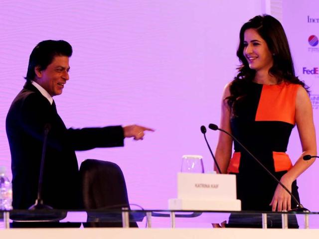 Shah Rukh Khan, actor and producer and Katrina Kaif, actor in conversation with Vir Sanghvi, senior journalist, during the first day of the Hindustan Times Leadership Summit in New Delhi. HT/Ajay Aggarwal