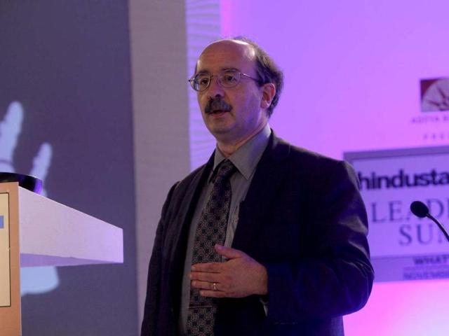 Dr Amory B Lovins, co-founder, chairman and chief scientist of Rocky Mountain Institute during the last session of Day 1 of Hindustan Times Leadership Summit at Taj Palace in New Delhi. HT/Arijit Sen