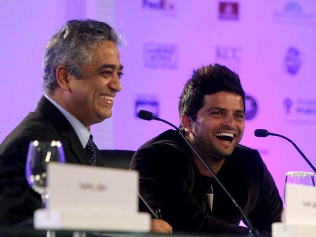 The moderator Rajdeep Sardesai and cricketer Suresh Raina during the sixth session of Hindustan Times Leadership Summit at Taj Palace in New Delhi. (Photo by ARIJIT SEN / Hindustan Times)