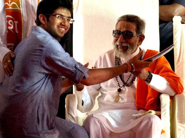 Shiv Sena chief Bal Thackeray seen with his grandson Aditya Thackeray, head of Yuva Sena, the youth wing of Shiv Sena.