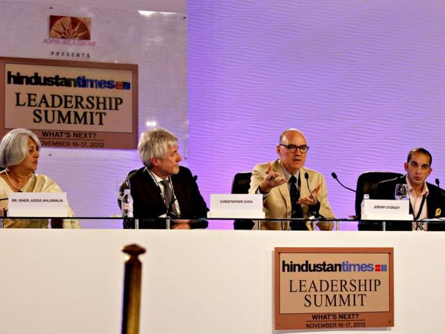(L-R) Isher Judge Ahluwalia, economist, Christopher Choa, principal with AECOM Design and Planning and Geremy O'Grady and Dr Justin Bishop, during the second day of the Hindustan Times Leadership Summit in New Delhi. HT/Jasjeet Plaha