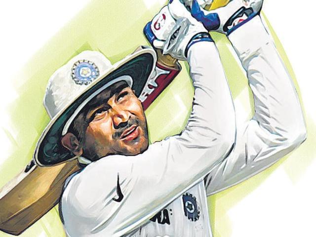 Virender Sehwag will join the elite 100-Test club when he walks out to the middle at the Wankhede. Illustration by Shrikrishna Patkar.