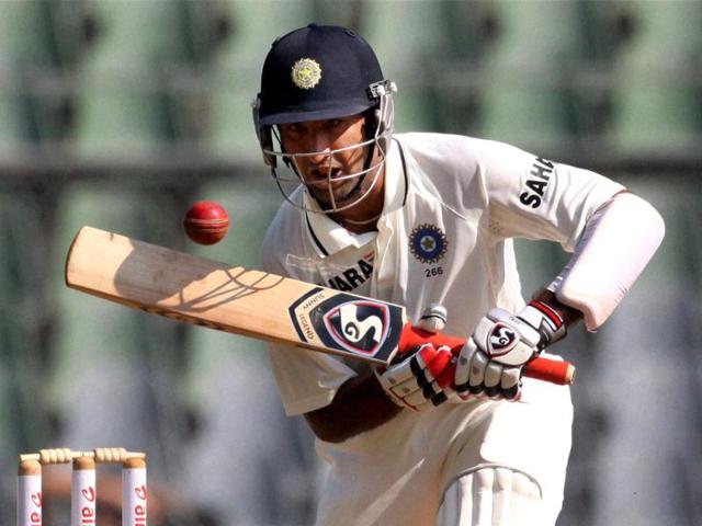 Cheteshwar Pujara in action during the first day of second India-England Test match at Wankhade Stadium in Mumbai. PTI