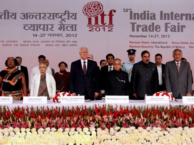President Pranab Mukherjee along with Prime Minister of Belarus Mikhail Myasnikovich, Union minister for Commerce Anand Sharma, Delhi CM Sheila Dikshit, and others during the inauguration of 32nd India International Trade Fair (ITTF) at Pragati Maidan in New Delhi. (PTI Photo)
