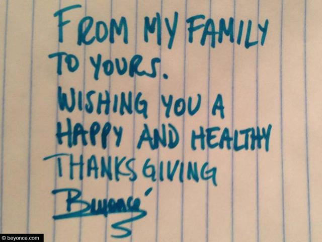 Heartfelt message: Beyonce sent this shout out to her fans through her website Beyonce.com on Thanksgiving.