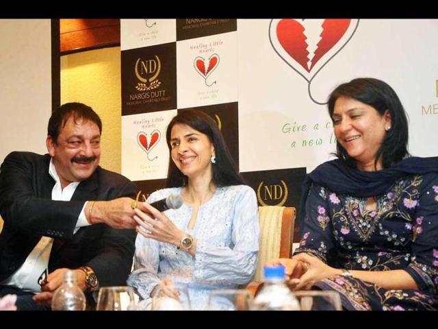 The Dutt siblings seem to be in a light mood as they address the media at the charity event of the Nargis Dutt memorial charitable trust.