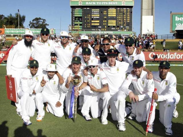 South Africa's cricketers celebrate after winning the third test match against Australia in Perth, Australia. South Africa won the match by 309 runs and the series 1-0. AP Photo