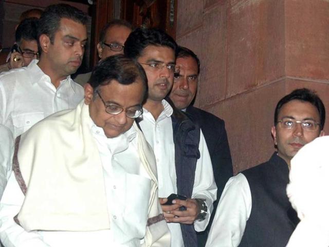 Union ministers P Chidambaram, Jitin Prasad, Sachin Pilot and Milind Deora exit Parliament after voting on FDI, in Lok Sabha. (Agencies)